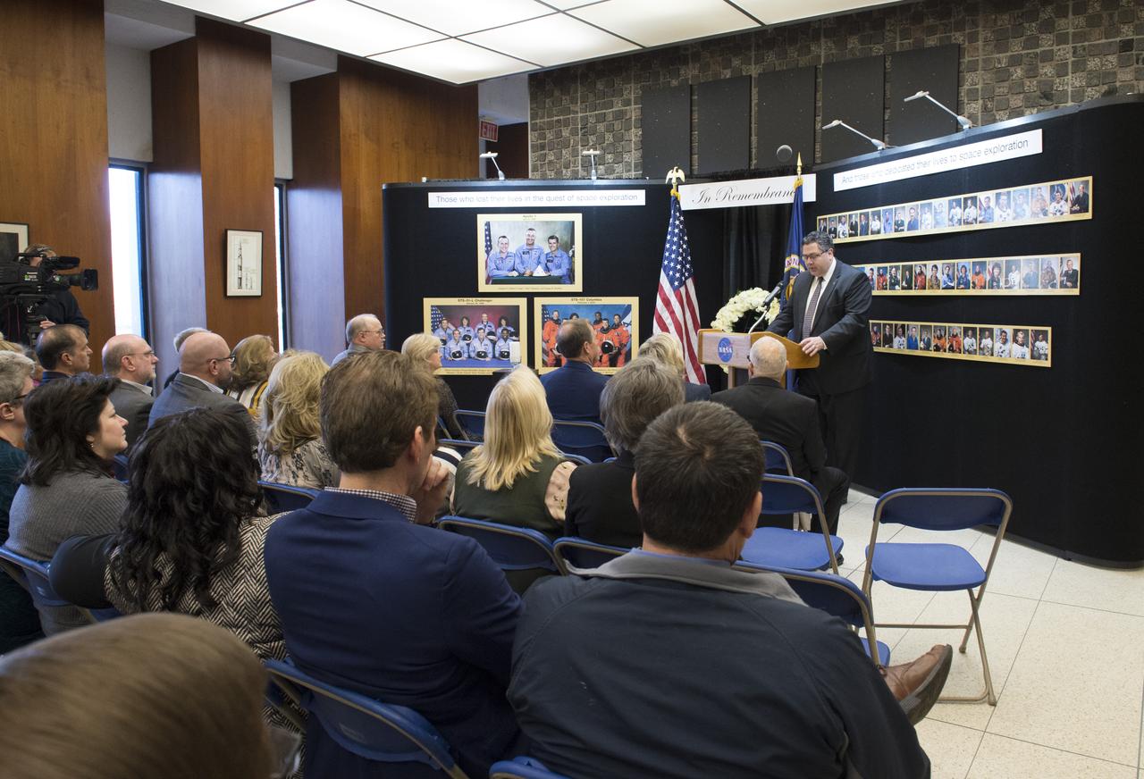 Marshall Space Flight Center Director Todd May addresses guests and employees at the annual â€œDay of Remembranceâ€ honoring those astronauts who have passed away. 