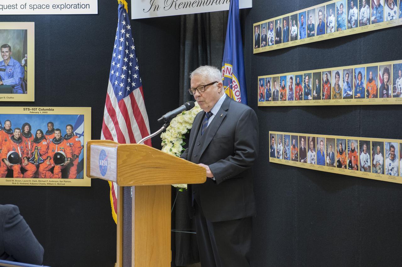 Retired astronaut, and retired Brigadier General, Robert Stewart addresses guests and employees at the Marshall Space Flight Centerâ€™s annual â€œDay of Remembranceâ€ honoring those astronauts who have passed away.