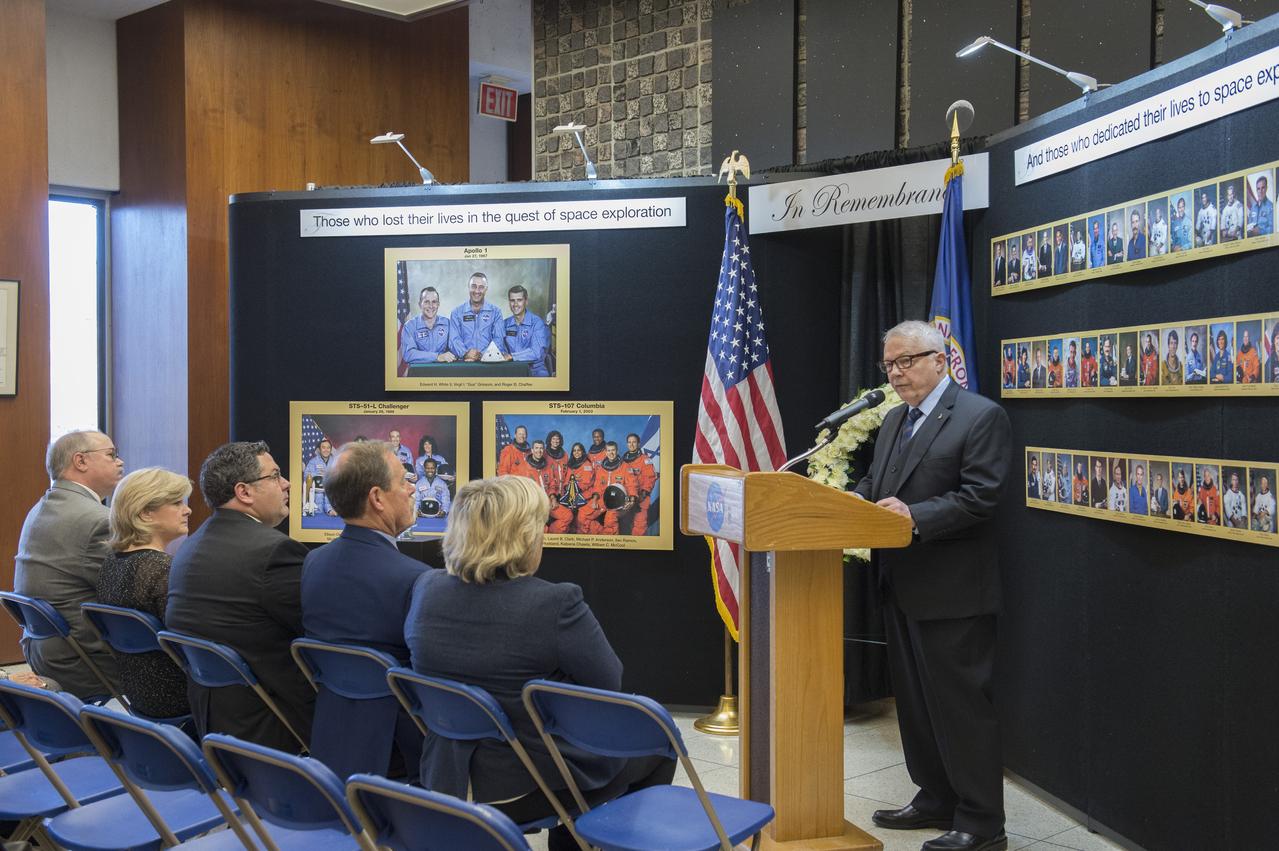 Retired astronaut, and retired Brigadier General, Robert Stewart addresses guests and employees at the Marshall Space Flight Centerâ€™s annual â€œDay of Remembranceâ€ honoring those astronauts who have passed away.