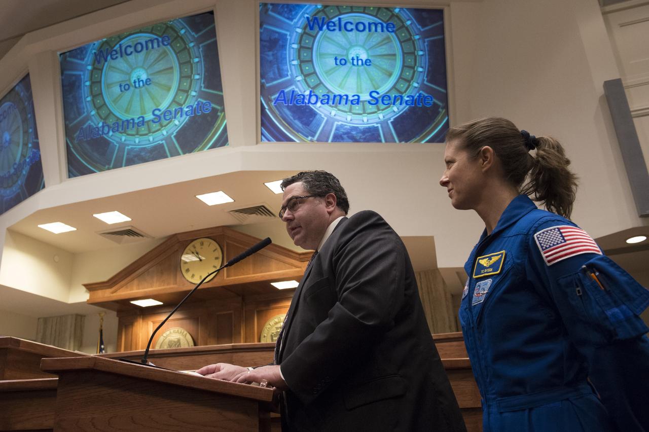 Officials from Marshall Space Flight Center discussed the state's role in leading America back to the Moon and on to Mars with elected officials, industry leaders, students and the public during the Aerospace States Association’s Alabama Aerospace Week in Montgomery, Ala. NASA was honored by the Alabama legislature with a resolution and proclamation from Gov. Kay Ivey recognizing the agency's achievements.  MSFC Director Todd May and Astronaut Tracy Dyson speak to the Alabama State Senate.