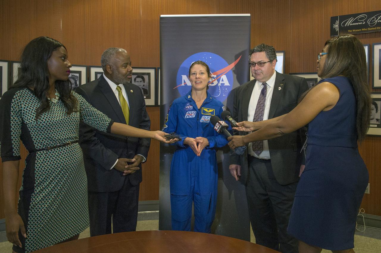 Officials from Marshall Space Flight Center discussed the state's role in leading America back to the Moon and on to Mars with elected officials, industry leaders, students and the public during the Aerospace States Association’s Alabama Aerospace Week in Montgomery, Ala. NASA was honored by the Alabama legislature with a resolution and proclamation from Gov. Kay Ivey recognizing the agency's achievements.  Dr. Quentin T. Ross, Jr., President, Alabama State University, Astronaut Tracy Dyson, and MSFC Director Todd May talk to members of the media at Alabama State University.