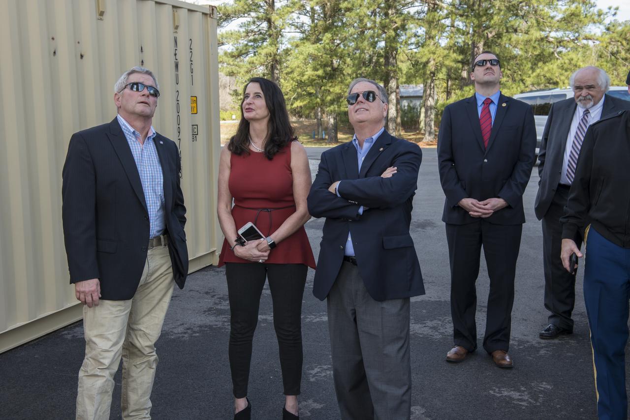 Senator Doug Jones (D-AL.) and wife, Louise, tour Marshall Space Flight facilities. Steve Doering, manager, Stages Element, Space Launch System (SLS) program at MSFC, views the test stand 4693 where key SLS structural elements will be subjected to stress testing simulating space flight.