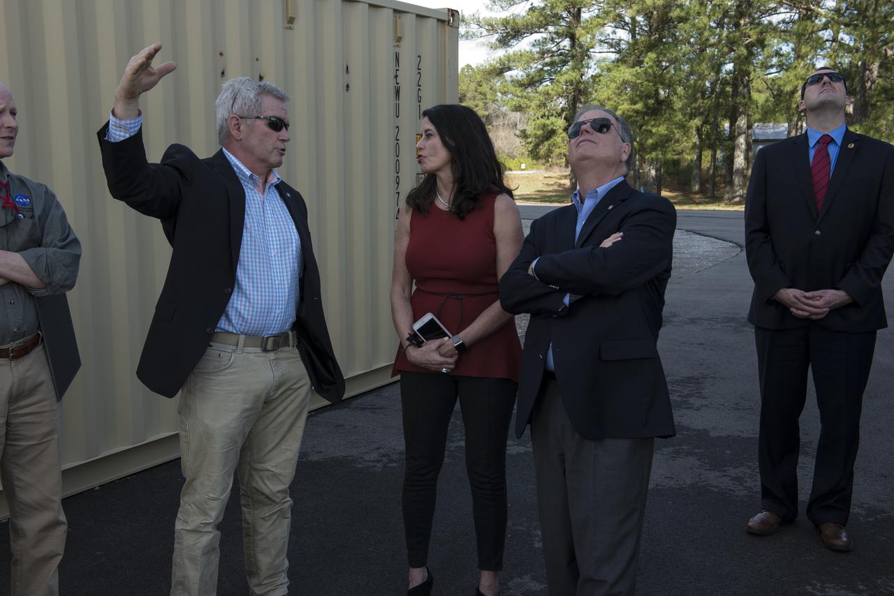 Senator Doug Jones (D-AL.) and wife, Louise, tour Marshall Space Flight facilities. Steve Doering, manager, Stages Element, Space Launch System (SLS) program at MSFC, views the test stand 4693 where key SLS structural elements will be subjected to stress testing simulating space flight. 