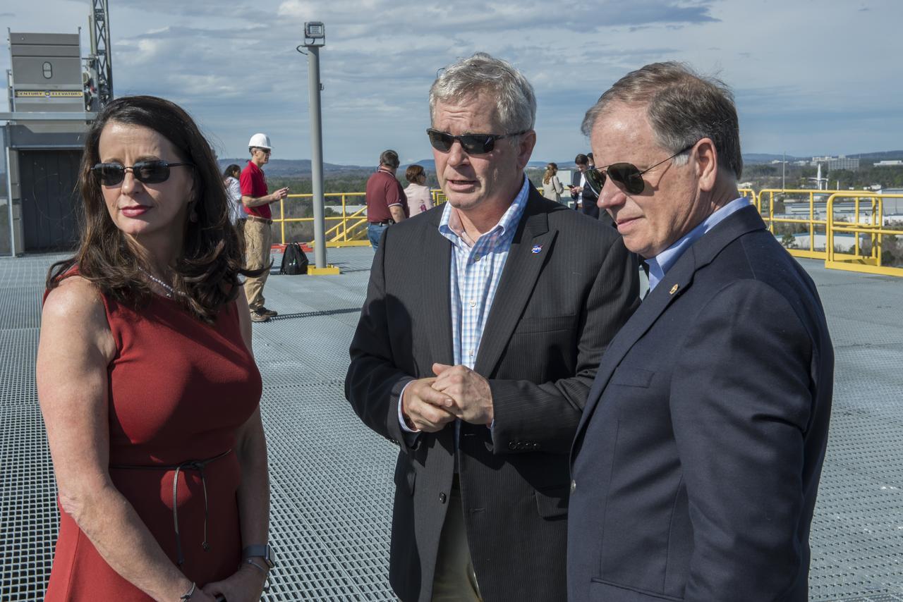 Senator Doug Jones (D-AL.) and wife, Louise, tour Marshall Space Flight facilities. Steve Doering, manager, Stages Element, Space Launch System (SLS) program at MSFC, along with  Senator and Mrs. Jones, viewed the MSFC campus from the top of test stand 4693. 