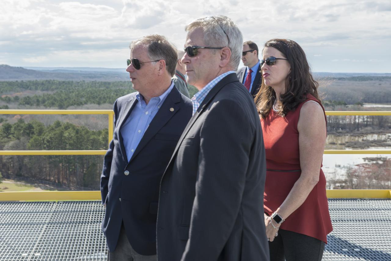 Senator Doug Jones (D-AL.) and wife, Louise, tour Marshall Space Flight facilities. Steve Doering, manager, Stages Element, Space Launch System (SLS) program at MSFC, along with  Senator and Mrs. Jones, viewed the MSFC campus from the top of test stand 4693. 