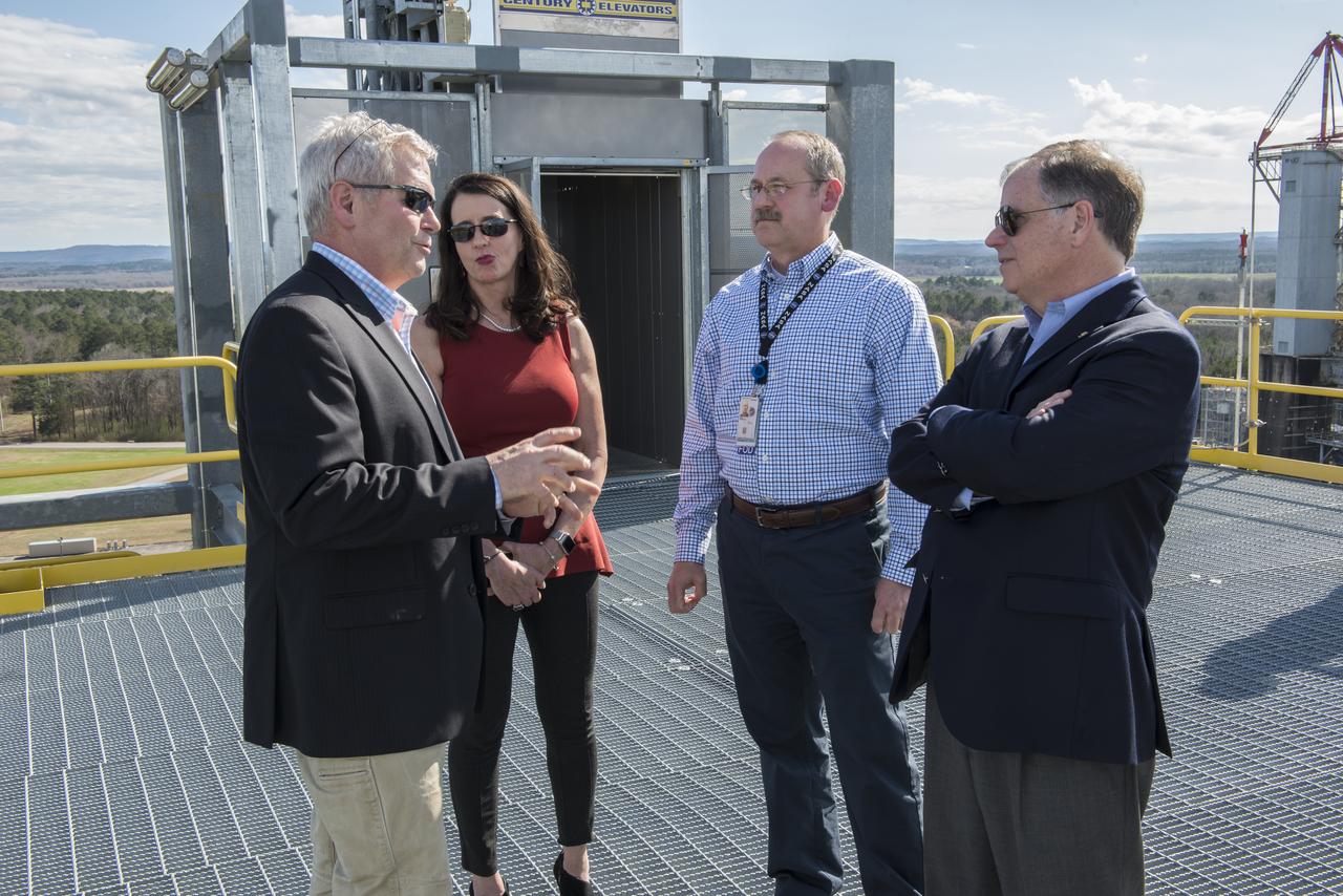 Senator Doug Jones (D-AL.) and wife, Louise, tour Marshall Space Flight facilities. Steve Doering, manager, Stages Element, Space Launch System (SLS) program at MSFC, along with  Senator and Mrs. Jones, viewed the MSFC campus from the top of test stand 4693. 