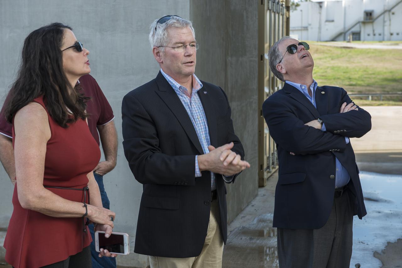 Senator Doug Jones (D-AL.) and wife, Louise, tour Marshall Space Flight facilities. Steve Doering, manager, Stages Element, Space Launch System (SLS) program at MSFC, views the test stand 4693 where key SLS structural elements will be subjected to stress testing simulating space flight.