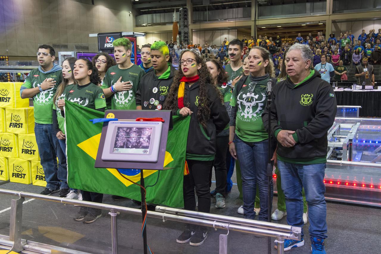 The First Robotics Rocket City Regional Competition was held at the Von Braun Civic Center in Huntsville, Alabama on March 16, 2018. High school robotics teams from throughout the U.S., as well as a team from Brazil, competed. The Brazilian team sings their national anthem.