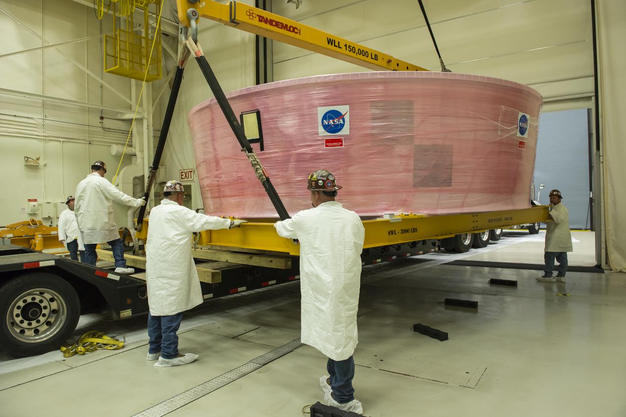 The Orion Stage Adapter flight hardware is prepared for the move to Redstone Airfield where the NASA Guppy aircraft will pick up the hardware and take the unit to Kennedy Space Center (KSC)