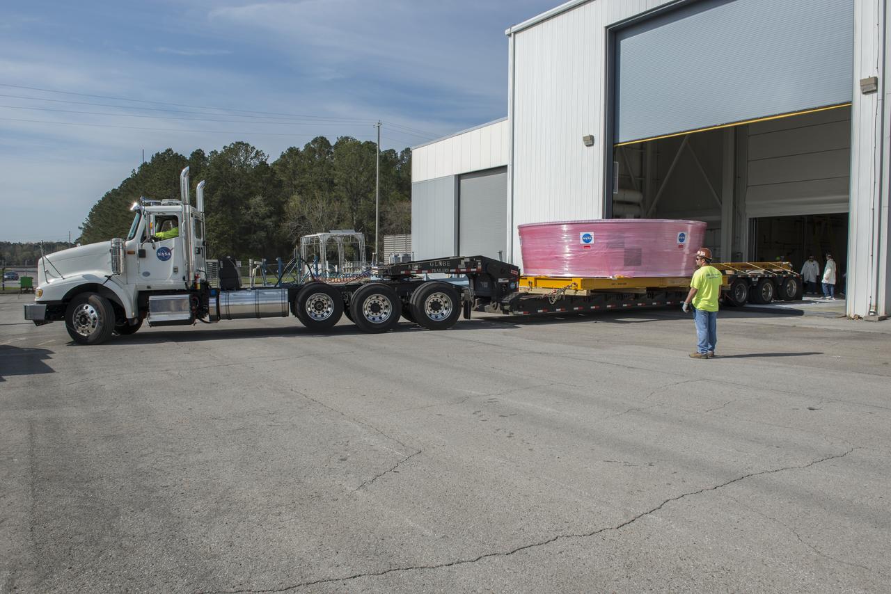The Orion Stage Adapter flight hardware is prepared for the move to Redstone Airfield where the NASA Guppy aircraft will pick up the hardware and take the unit to Kennedy Space Center (KSC)