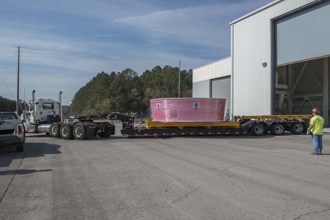 The Orion Stage Adapter flight hardware is prepared for the move to Redstone Airfield where the NASA Guppy aircraft will pick up the hardware and take the unit to Kennedy Space Center (KSC)