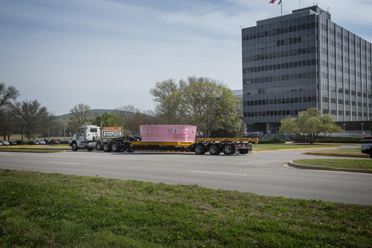 The Orion Stage Adapter flight hardware is prepared for the move to Redstone Airfield where the NASA Guppy aircraft will pick up the hardware and take the unit to Kennedy Space Center (KSC)