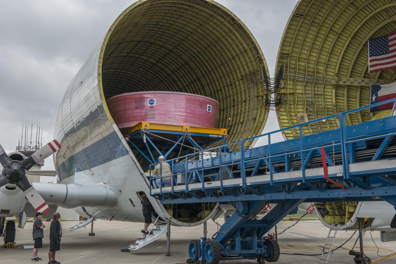  NASA's Super Guppy aircraft arrives to the U.S. Army’s Redstone Airfield in Huntsville, Alabama, April 2, to pick up flight hardware for NASA’s Space Launch System – its new, deep-space rocket that will enable astronauts to begin their journey to explore destinations far into the solar system. The Guppy will depart on Tuesday, April 3 to deliver the Orion stage adapter to NASA’s Kennedy Space Center in Florida for flight preparations. On Exploration Mission-1, the first integrated flight of the SLS and the Orion spacecraft, the adapter will connect Orion to the rocket and carry 13 CubeSats as secondary payloads.