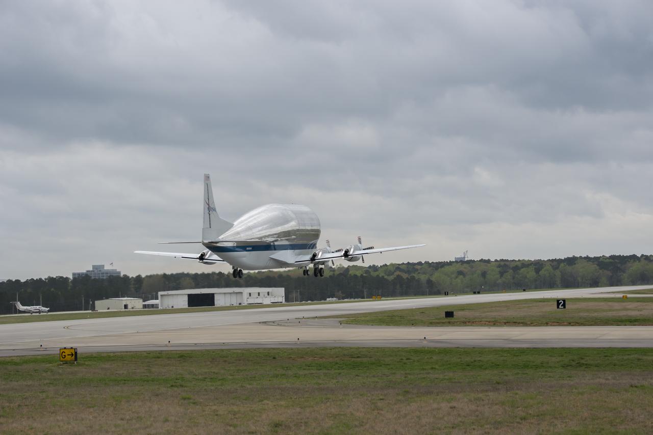  NASA's Super Guppy aircraft arrives to the U.S. Army’s Redstone Airfield in Huntsville, Alabama, April 2, to pick up flight hardware for NASA’s Space Launch System – its new, deep-space rocket that will enable astronauts to begin their journey to explore destinations far into the solar system. The Guppy will depart on Tuesday, April 3 to deliver the Orion stage adapter to NASA’s Kennedy Space Center in Florida for flight preparations. On Exploration Mission-1, the first integrated flight of the SLS and the Orion spacecraft, the adapter will connect Orion to the rocket and carry 13 CubeSats as secondary payloads.