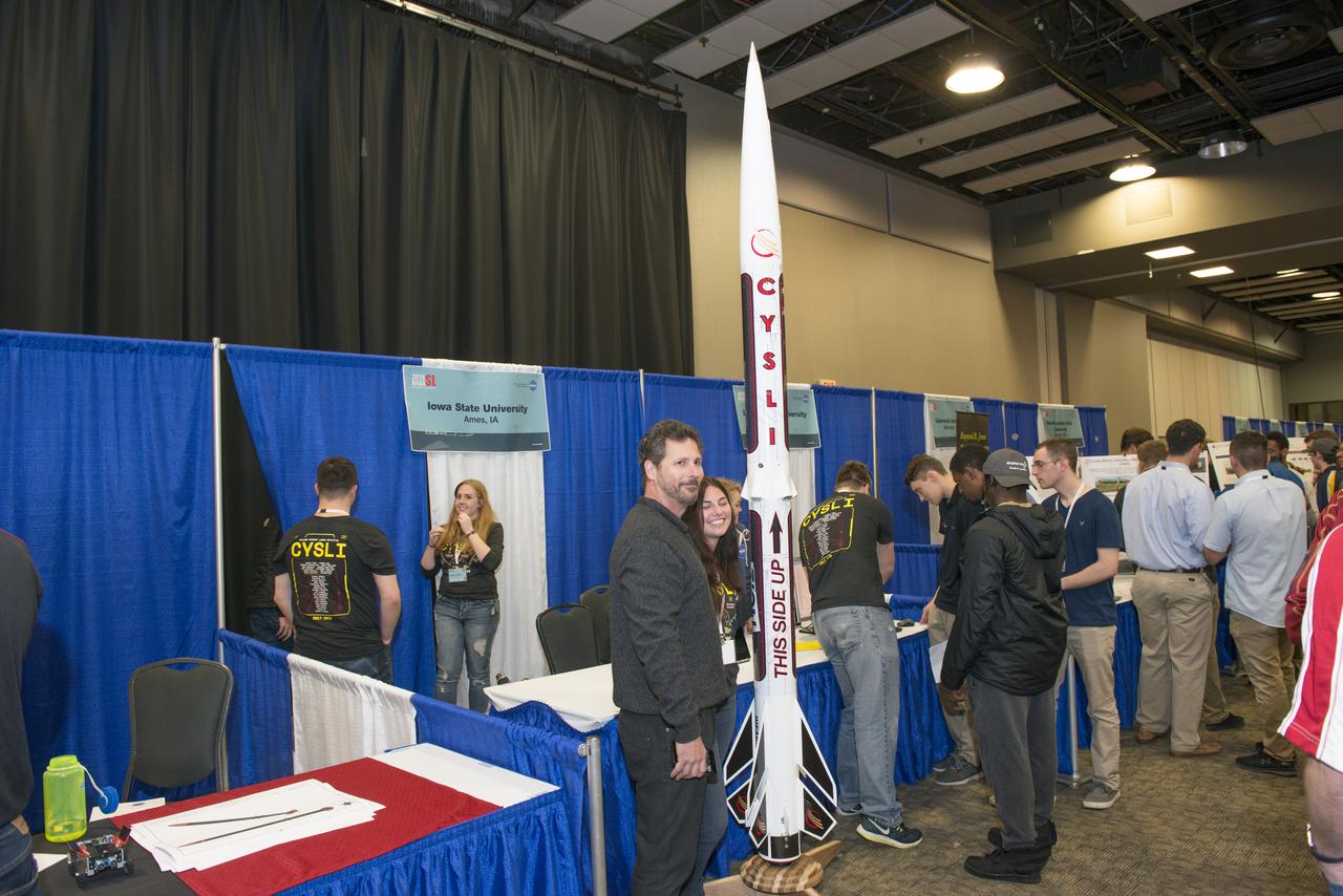 Students from 23 states display their rockets and talk about what they did to make them fly at the NASA Student Launch Rocket Fair on Friday, April 6. Over 800 students traveled to Huntsville, Alabama, to participate in a week of activities as part of NASA Student Launch.
