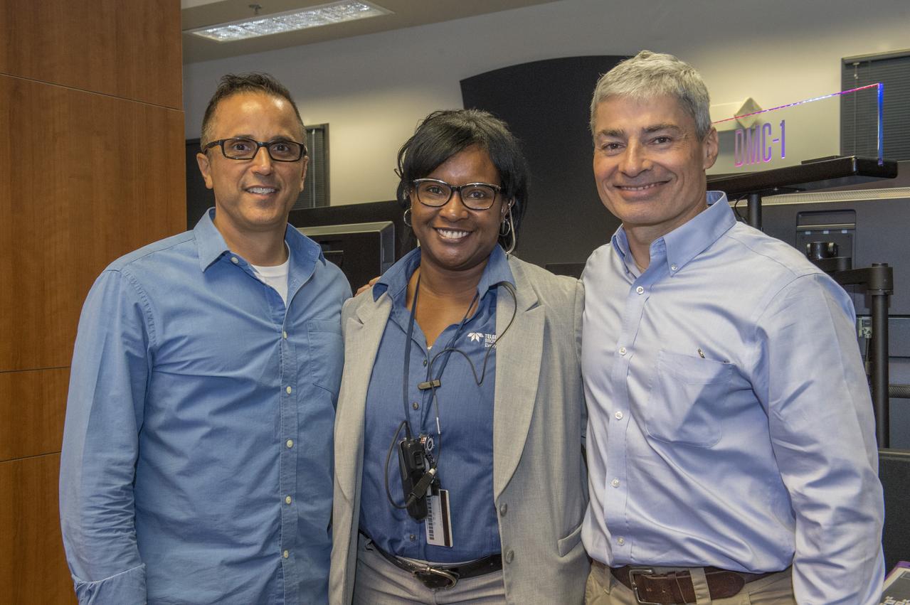 NASA astronauts Joe Acaba and Mark Vande Hei Acaba visited Marshall April 11 for their honorary Expedition 54 plaque hanging ceremony and to provide valuable feedback of their on-orbit science investigations with the Payload Operations and Integration Center team. Payload Operations Director Phillipia Simmons with Astronauts Joe Acaba (L) and Mark Vande Hei