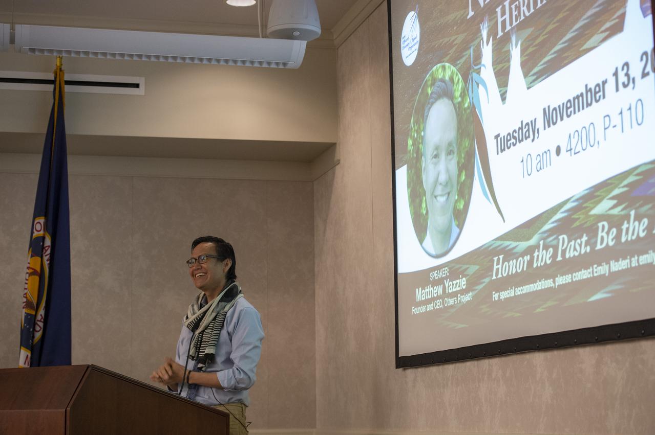  MATTHEW YAZZIE, FOUNDER AND CEO OF THE NONPROFIT, “OTHERS PROJECT”, SPEAKS TO ATTENDEES AT MSFC 2018 NATIVE AMERICAN HERITAGE MONTH PROGRAM 
