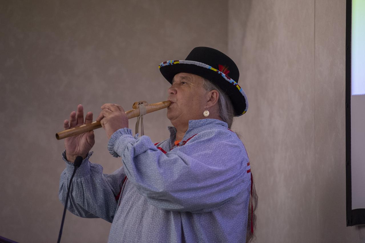  JIMMY YELLOWHORSE, FROM DECATUR, ALABAMA, PLAYS A HAND-CARVED FLUTE DURING THE NATIVE AMERICAN HERITAGE MONTH PROGRAM NOV. 13 AT NASA’S MARSHALL SPACE FLIGHT CENTER. YELLOWHORSE CRAFTED THE FLUTE HIMSELF FROM CEDAR, WALNUT AND MAHOGANY, USING TRADITIONAL CHEROKEE TECHNIQUES. THE ANNUAL OBSERVANCE, COORDINATED BY MARSHALL'S OFFICE OF DIVERSITY AND EQUAL OPPORTUNITY, HONORS THE CULTURE AND CONTRIBUTIONS OF NATIVE AMERICANS THROUGH STORYTELLING AND ETHNIC FOOD SAMPLINGS. 