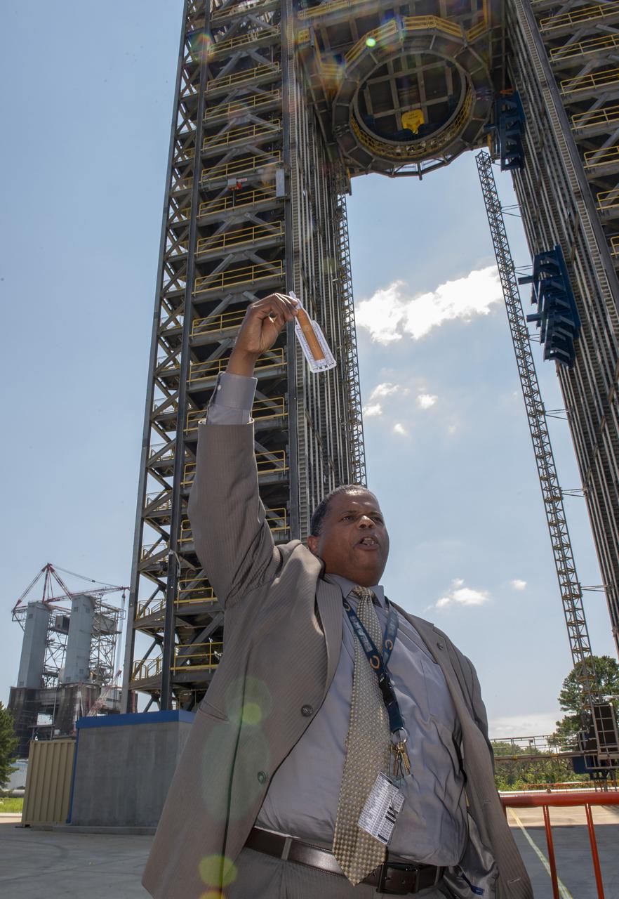 Students from the Tarik Black Foundation attend a STEM program at MSFC and visit SLS Test Stand 4693 in West Test Area.  Gary Willis tells Tarik Black Foundation students about Test Stand 4693 and its importance in SLS development.