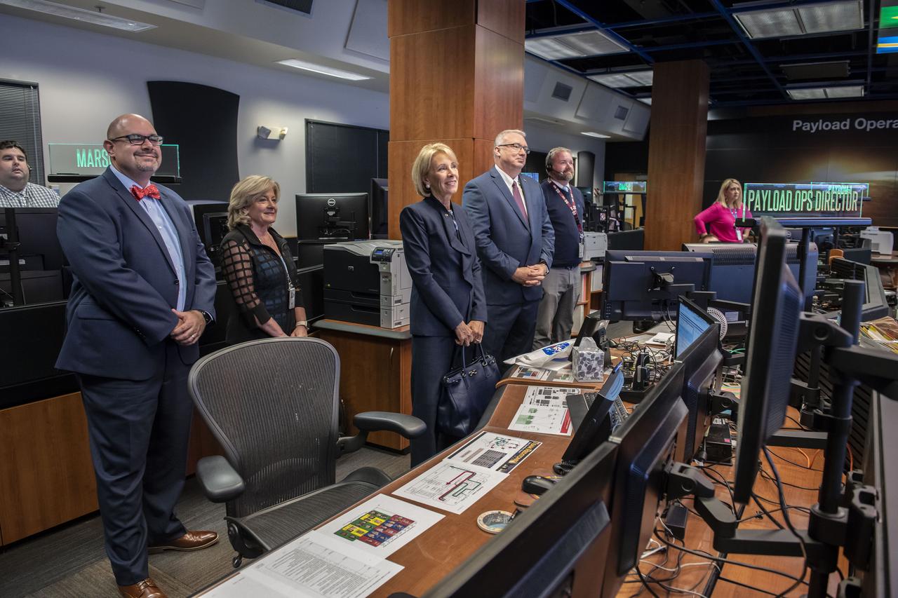Secretary of Education Betsy DeVos visited the Payload Operations Integration Center (POIC) and test stand 4693 at the Marshall Space Flight Center (MSFC). The visit to MSFC was followed by a tour of educational facilities at the U.S. Space and Rocket Center (USSRC). Secretary DeVos was accompanied by Marshall Center Director Jody Singer and USSRC CEO Dr. Deborah Barnhart.