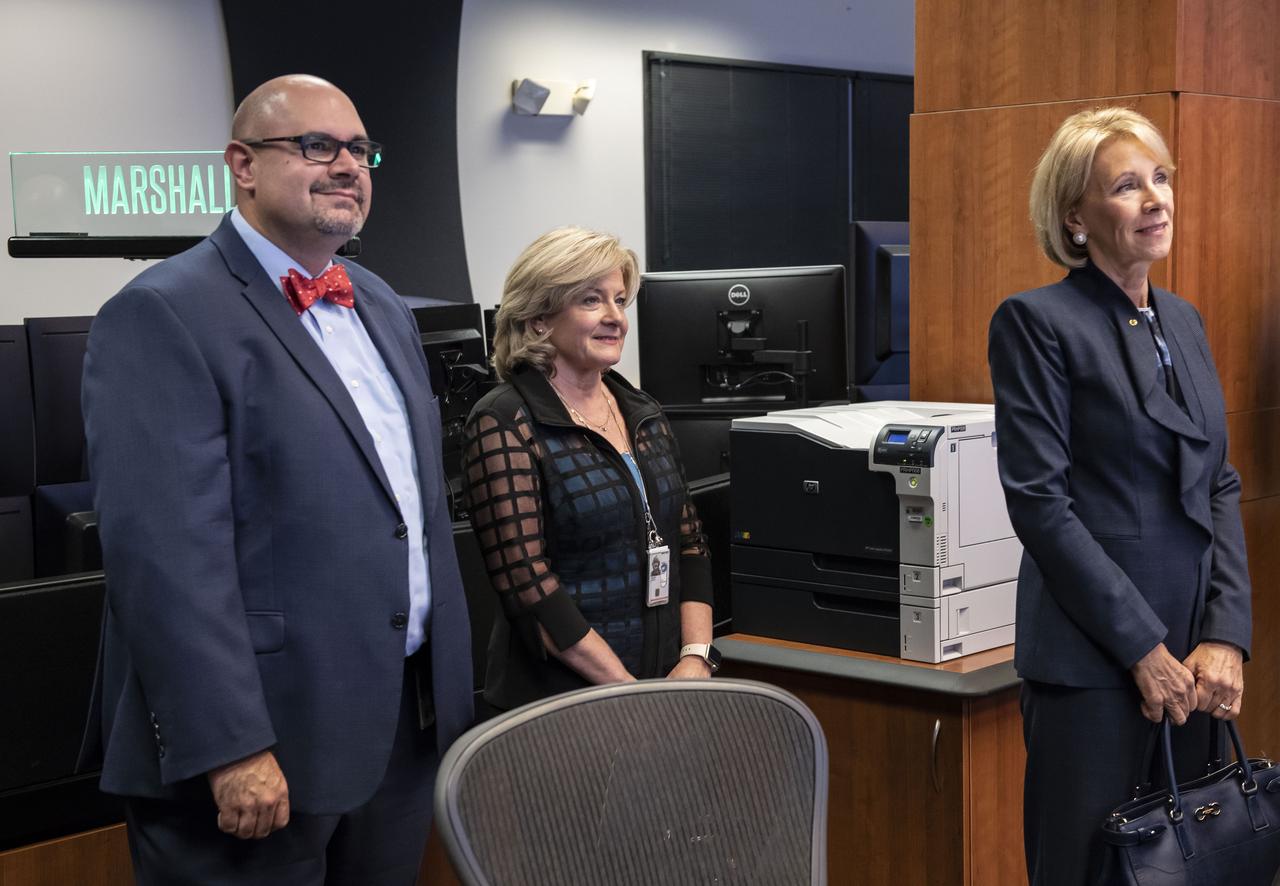Secretary of Education Betsy DeVos visited the Payload Operations Integration Center (POIC) and test stand 4693 at the Marshall Space Flight Center (MSFC). The visit to MSFC was followed by a tour of educational facilities at the U.S. Space and Rocket Center (USSRC). Secretary DeVos was accompanied by Marshall Center Director Jody Singer and USSRC CEO Dr. Deborah Barnhart.