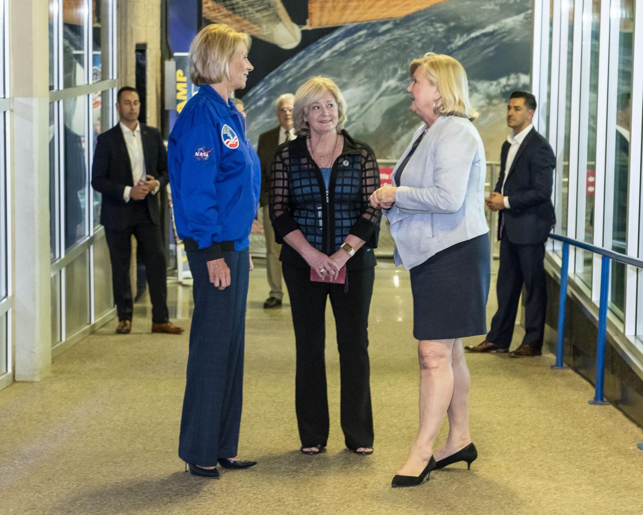 Secretary of Education Betsy DeVos visited the Payload Operations Integration Center (POIC) and test stand 4693 at the Marshall Space Flight Center (MSFC). The visit to MSFC was followed by a tour of educational facilities at the U.S. Space and Rocket Center (USSRC). Secretary DeVos was accompanied by Marshall Center Director Jody Singer and USSRC CEO Dr. Deborah Barnhart.