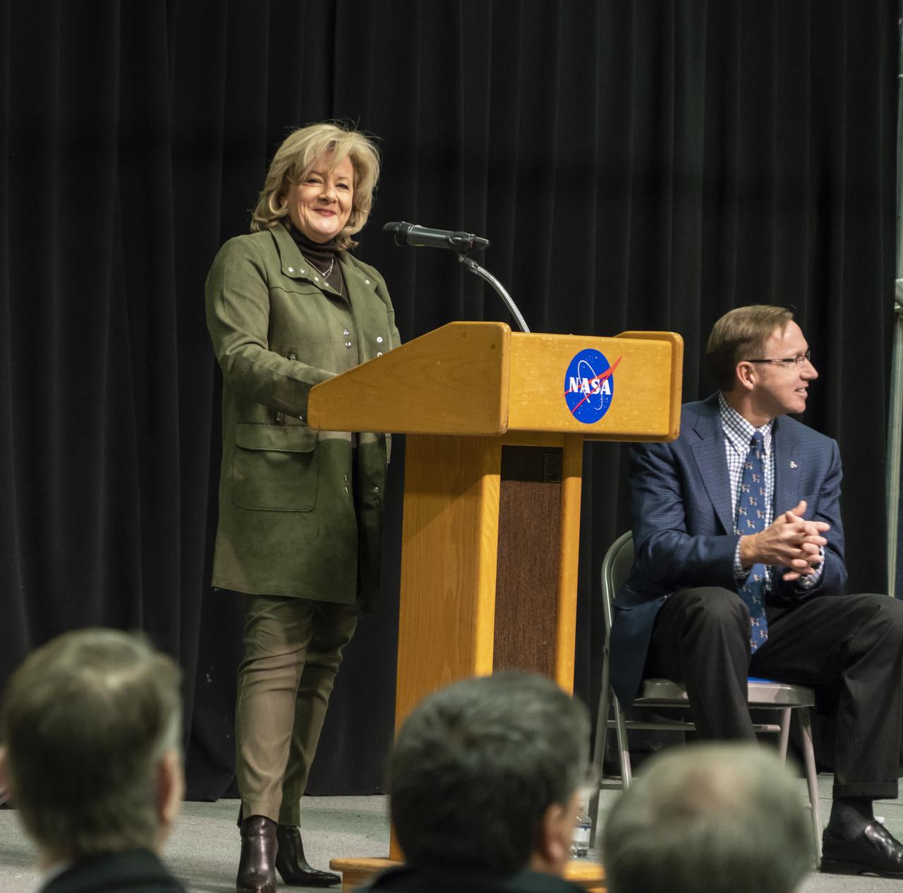 Marshall Space Flight Center Director Jody Singer addresses Marshall employees regarding the effects of the just ended furlough and talks about lessons learned. Assisting Ms. Singer was Deputy Director Paul McConnaughey, Associate Director Steve Miley, and Director of the Office of Strategic Analysis and Communications Johnny Stephenson.