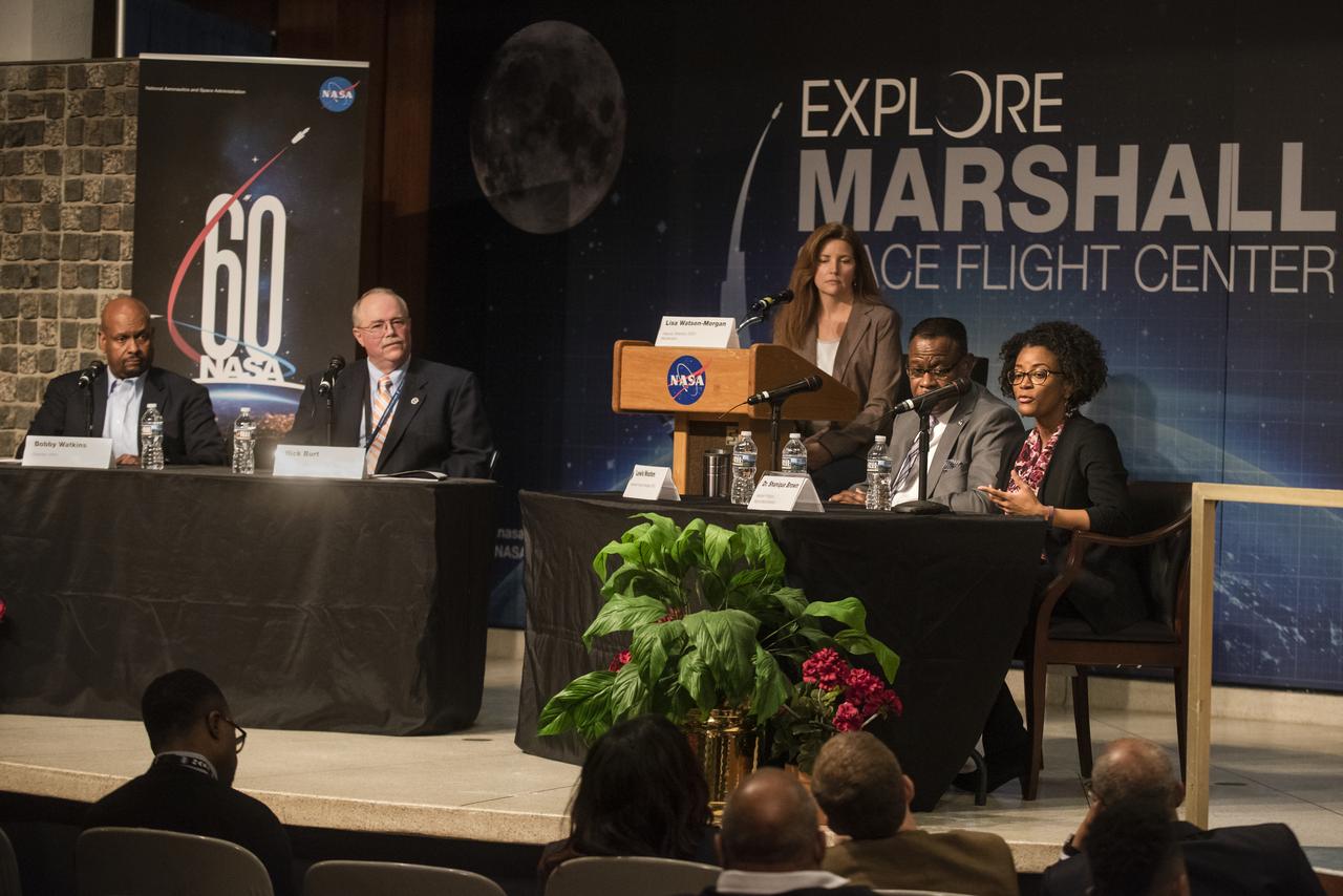 Wayne State University professor Shanique Brown, far right, takes part in a panel discussion on diversity and building strong, inclusive teams. She was joined by, from right, Lewis Wooten, associate program manager for the Space Launch System Program Office at Marshall; moderator Lisa Watson-Morgan, deputy director of Marshall's Engineering Directorate; Rick Burt, director of Marshall's Safety & Mission Assurance Directorate; and Bobby Watkins, director of the Human Exploration Development and Operations Office.