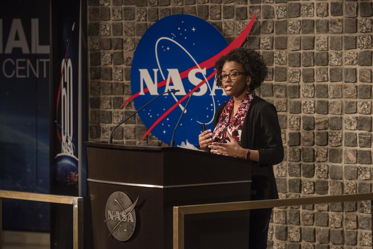 Dr. Shanique Brown, an assistant professor of industrial-organizational psychology at Wayne State University in Detroit, Michigan, delivers the Black History Month keynote address to team members at NASA's Marshall Space Flight Center Feb. 28. Participants mingled with Brown and Marshall leaders after the speech and a panel discussion on diversity and inclusion, and sampled a variety of ethnic foods. The 2019 commemoration, themed "Migrations From Here to There," was organized by Marshall's Office of Diversity and Equal Opportunity
