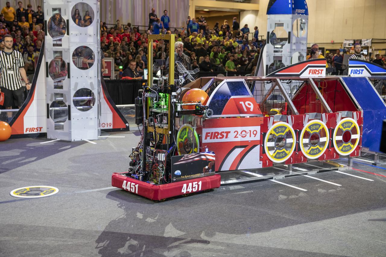 The 2019 First Robotics Competition was held in Huntsville, Alabama on March 15 and 16 in the Von Braun Center. 55 teams from 12 states and Brazil competed in “Destination Deep Space” games. The First Robotics Competition is supported by NASA’s Marshall Space Flight Center. Marshal Space Flight Center deputy director Paul McConnaughey greets competitors and guests on March 15, 2019.