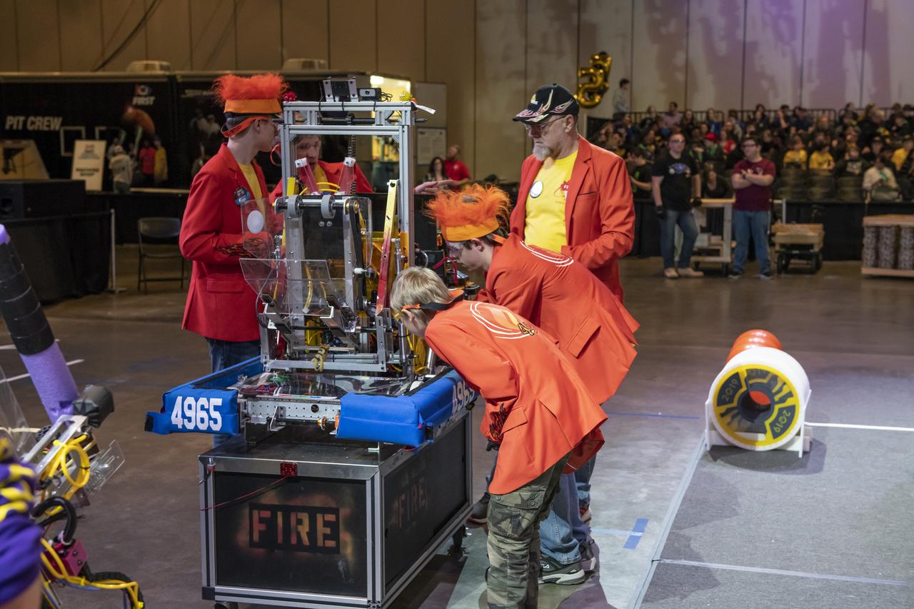 The 2019 First Robotics Competition was held in Huntsville, Alabama on March 15 and 16 in the Von Braun Center. 55 teams from 12 states and Brazil competed in “Destination Deep Space” games. The First Robotics Competition is supported by NASA’s Marshall Space Flight Center. A team from Anderson, S.C. prepares their robot for competition.