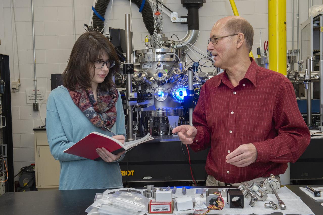 Dr. Richard Weber and Ms. Emma Clark from Materials Development Inc. during a visit to the MSFC electrostatic levitation (ESL) laboratory.  Here they are preparing for ESL tests in support of Dr. Weber's NASA grant "Microgravity Investigation of Thermophysical Properties of Supercooled Molten Metal Oxides" (NNX17AH73G).