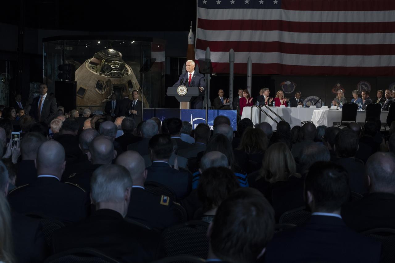 Vice President Mike Pence challenges NASA to put American astronauts on the Moon by 2024. Pence addressed the National Space Council, elected officials, members of the community, NASA Marshall team and area media March 26 at the U.S. Space & Rocket Center in Huntsville.