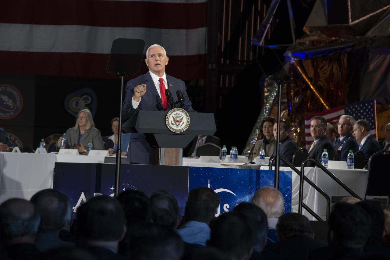 Vice President Mike Pence challenges NASA to put American astronauts on the Moon by 2024. Pence addressed the National Space Council, elected officials, members of the community, NASA Marshall team and area media March 26 at the U.S. Space & Rocket Center in Huntsville.
