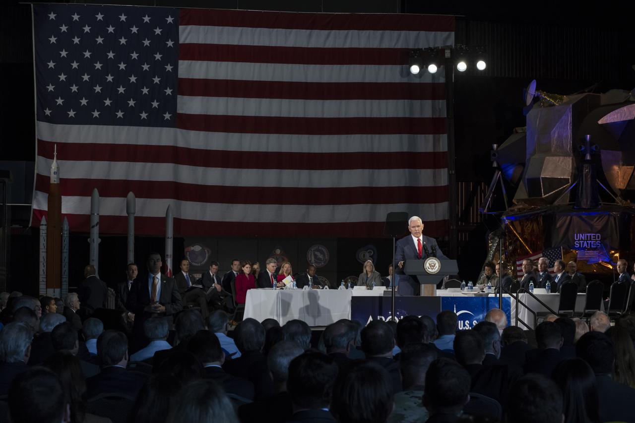 Vice President Mike Pence challenges NASA to put American astronauts on the Moon by 2024. Pence addressed the National Space Council, elected officials, members of the community, NASA Marshall team and area media March 26 at the U.S. Space & Rocket Center in Huntsville.