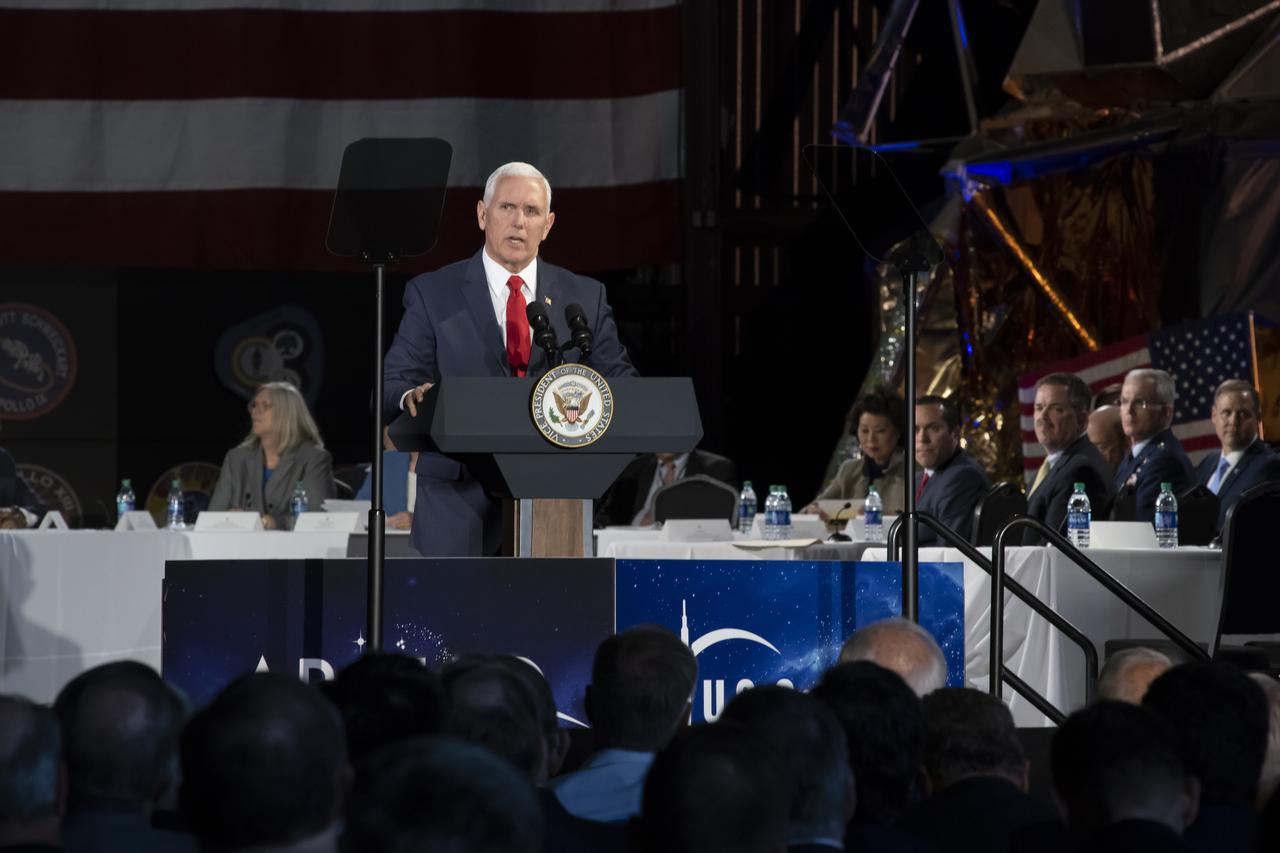 Vice President Mike Pence challenges NASA to put American astronauts on the Moon by 2024. Pence addressed the National Space Council, elected officials, members of the community, NASA Marshall team and area media March 26 at the U.S. Space & Rocket Center in Huntsville.