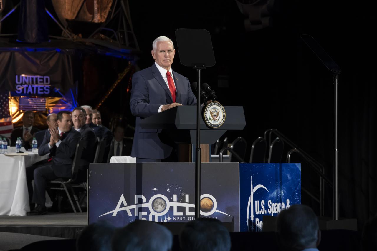 Vice President Mike Pence challenges NASA to put American astronauts on the Moon by 2024. Pence addressed the National Space Council, elected officials, members of the community, NASA Marshall team and area media March 26 at the U.S. Space & Rocket Center in Huntsville.