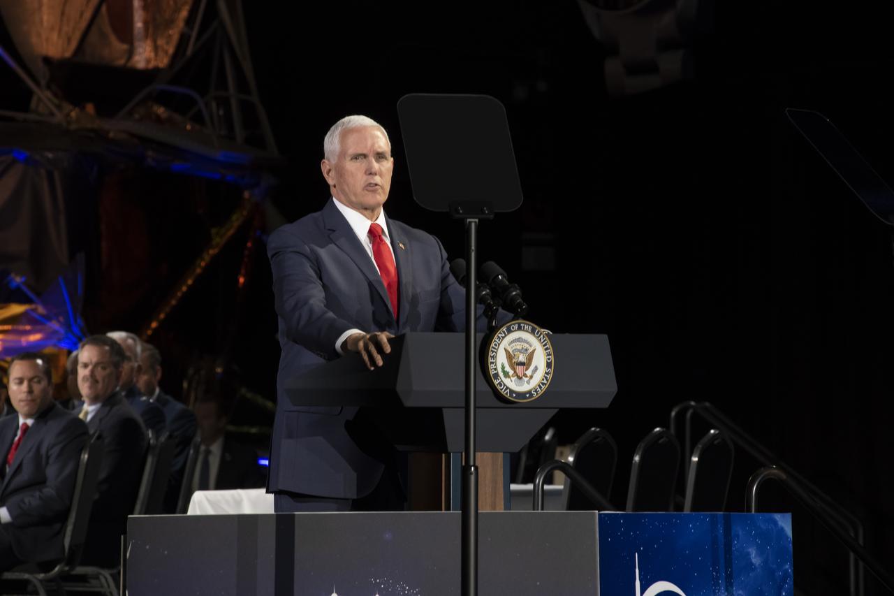 Vice President Mike Pence challenges NASA to put American astronauts on the Moon by 2024. Pence addressed the National Space Council, elected officials, members of the community, NASA Marshall team and area media March 26 at the U.S. Space & Rocket Center in Huntsville.