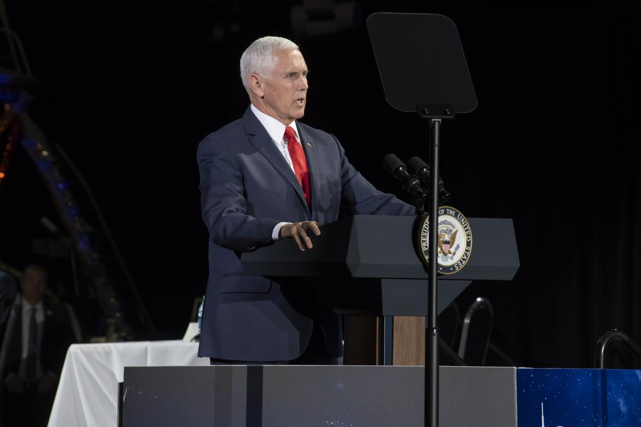 Vice President Mike Pence challenges NASA to put American astronauts on the Moon by 2024. Pence addressed the National Space Council, elected officials, members of the community, NASA Marshall team and area media March 26 at the U.S. Space & Rocket Center in Huntsville.