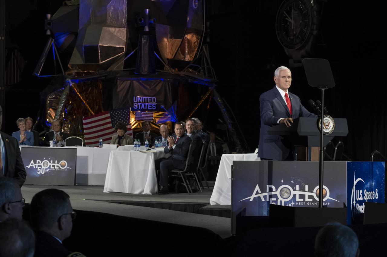 Vice President Mike Pence challenges NASA to put American astronauts on the Moon by 2024. Pence addressed the National Space Council, elected officials, members of the community, NASA Marshall team and area media March 26 at the U.S. Space & Rocket Center in Huntsville.