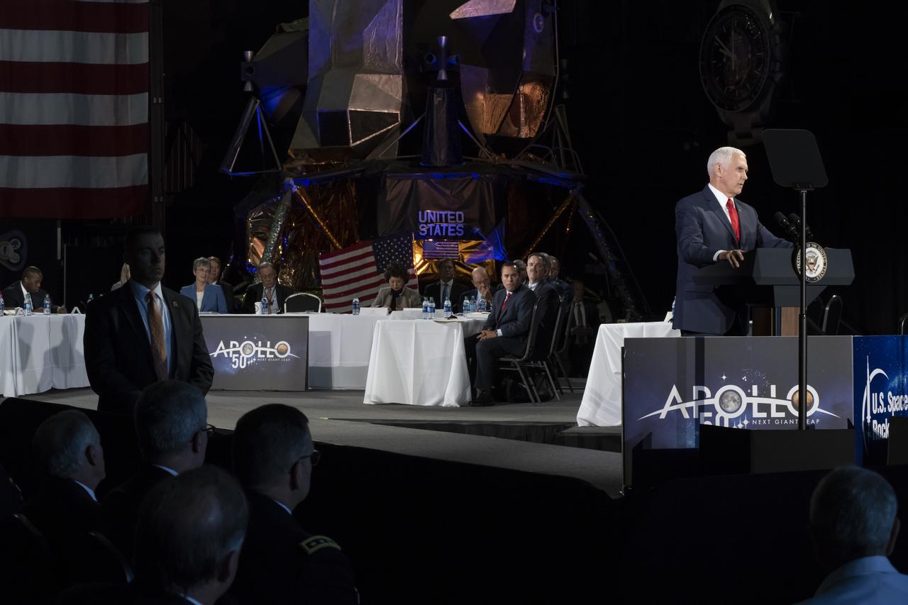 Vice President Mike Pence challenges NASA to put American astronauts on the Moon by 2024. Pence addressed the National Space Council, elected officials, members of the community, NASA Marshall team and area media March 26 at the U.S. Space & Rocket Center in Huntsville.