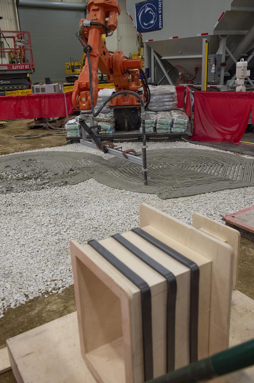 Team Penn State prepares their 3D-printer to begin printing a subscale habitat structure at NASA's 3D-Printed Habitat Challenge, held at the Caterpillar Edwards Demonstration & Learning Center in Edwards, Illinois, May 1-4, 2019. The habitat print is the final level of the multi-phase competition, which began in in 2015. The 3D-Printed Habitat Challenge is a competition to create sustainable shelters suitable for the Moon, Mars or beyond using resources available on-site in these locations. The challenge is managed by NASA's Centennial Challenges program, and partner Bradley University of Peoria, Illinois. 