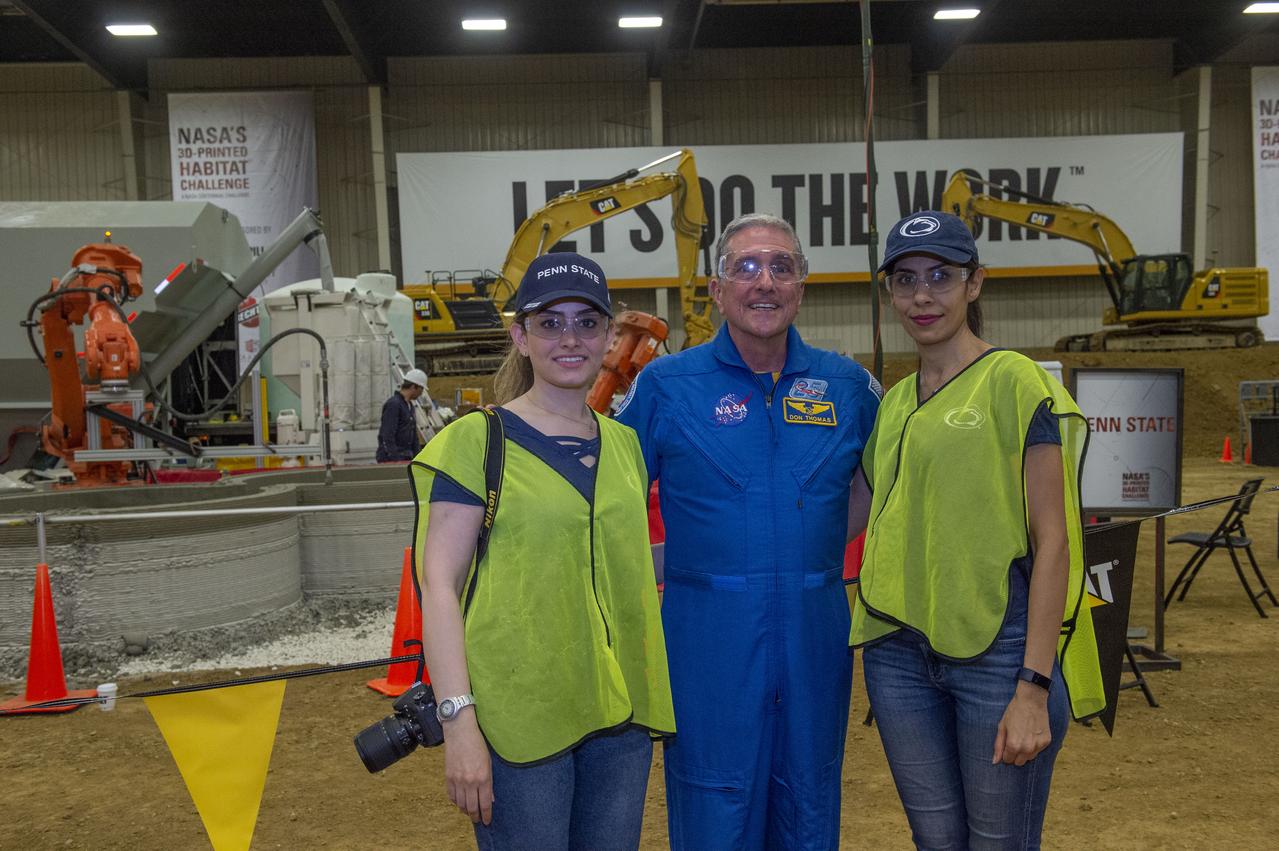 Center in Edwards, Illinois, May 1-4, 2019. The habitat print is the final level of the multi-phase competition, which began in in 2015. The challenge is managed by NASA's Centennial Challenges program, and partner Bradley University of Peoria, Illinois.  Astronaut Don Thomas talks with Penn State team members Negar Ashrafi and Maryam Hojati.