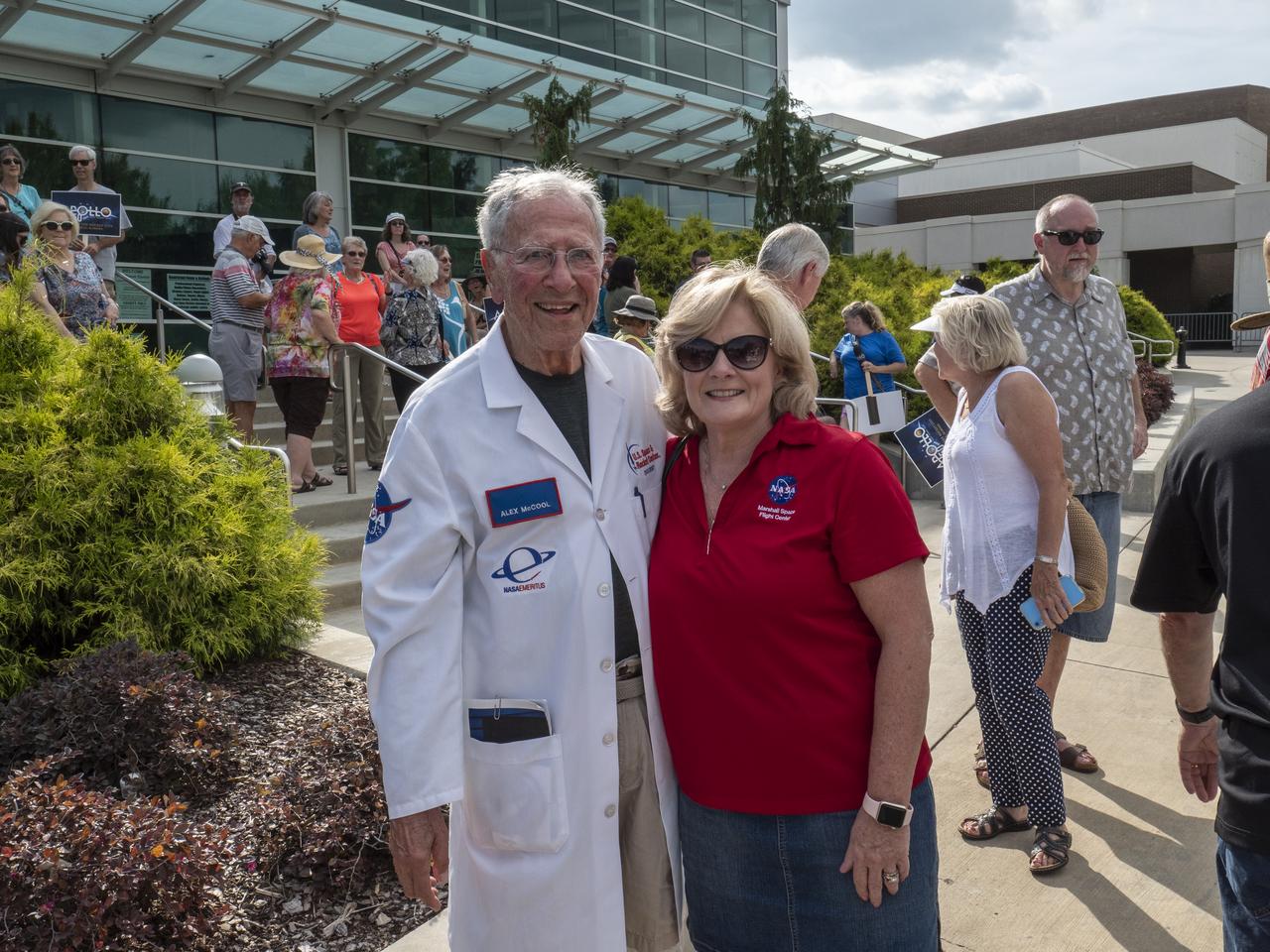 The City of Huntsville hosted a celebration of the Apollo 11 Moon landing with a street party on the downtown square with exhibits from the Marshall Space Flight Center and contributing contractors. The event was kicked off with remarks from Huntsville Mayor Tommy Battle, Marshall Space Flight Center's Director Jody Singer, and U.S. Space and Rocket Center's Director Deborah Barnhart with the Polaris replica of the Lunar Moon Buggy in the foreground. Marshall Center Director Jody Singer with retired engineer Alex McCool.