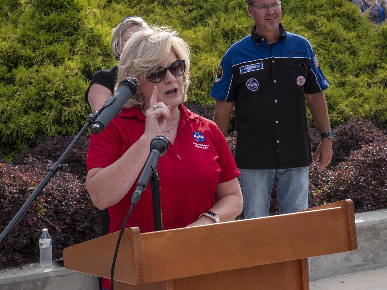 The City of Huntsville hosted a celebration of the Apollo 11 Moon landing with a street party on the downtown square with exhibits from the Marshall Space Flight Center and contributing contractors. The event was kicked off with remarks from Huntsville Mayor Tommy Battle, Marshall Space Flight Center's Director Jody Singer, and U.S. Space and Rocket Center's Director Deborah Barnhart with the Polaris replica of the Lunar Moon Buggy in the foreground. Marshall Center Director Jody Singer addresses the crowd.