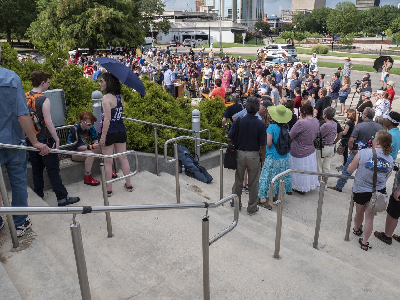 The City of Huntsville hosted a celebration of the Apollo 11 Moon landing with a street party on the downtown square with exhibits from the Marshall Space Flight Center and contributing contractors. The event was kicked off with remarks from Huntsville Mayor Tommy Battle, Marshall Space Flight Center's Director Jody Singer, and U.S. Space and Rocket Center's Director Deborah Barnhart with the Polaris replica of the Lunar Moon Buggy in the foreground.