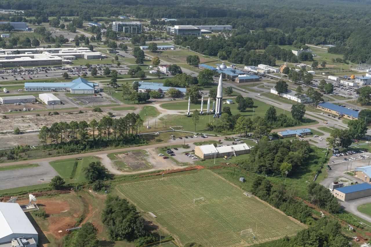 Aerial photograph of various MSFC buildings and the Rocket Park