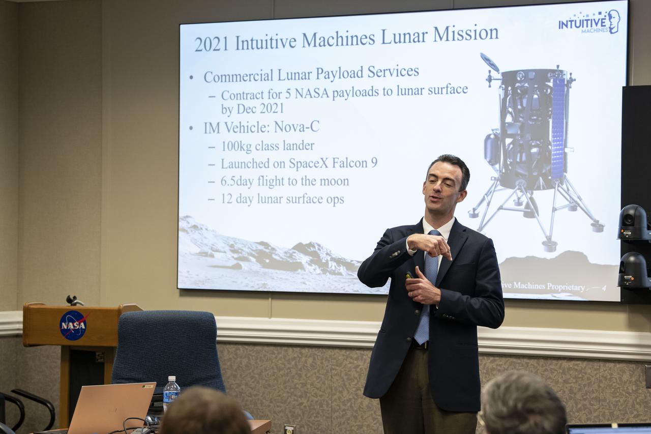 Rob Morehead, lead propulsion engineer for Intuitive Machines in Houston, delivers the monthly Tech Talk on Oct. 24 at NASA’s Marshall Space Flight Center. Morehead presented Intuitive Machines’ Nova-C lunar lander, which will deliver payloads to the surface of the Moon for government and commercial customers, including NASA. Intuitive Machines was selected by the agency as one of the companies for NASA’s Commercial Lunar Payload Service program. Nova-C currently has five NASA payloads and two commercial payloads manifested for its first flight, slated to launch in 2021. It will reach the Moon six days after launch and operate on the lunar surface for 12 days. Morehead worked at NASA’s Johnson Space Center for 20 years before joining Intuitive Machines.