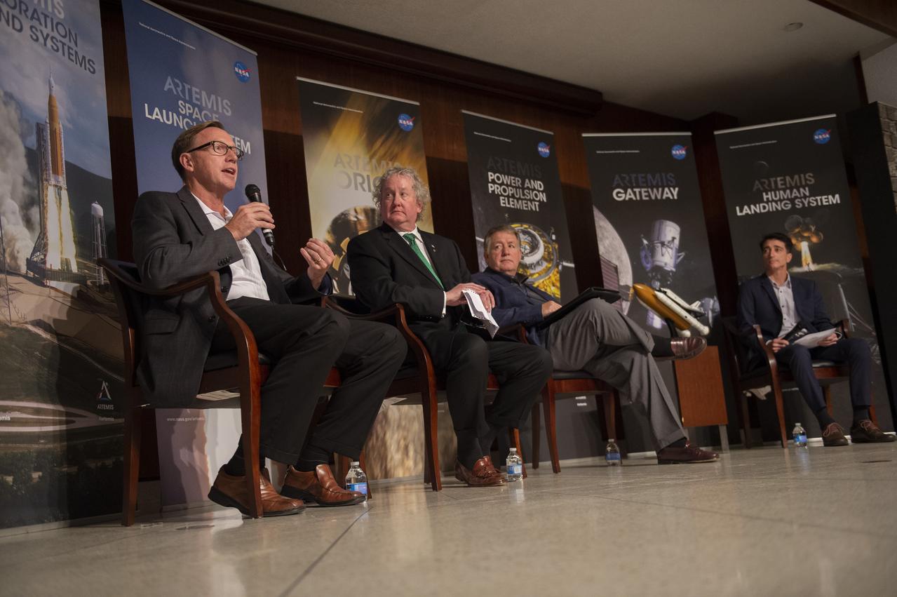 A Nov. 5 panel at NASA’s Marshall Space Flight Center discusses lessons learned from Columbia including, from left, Steve Miley, associate director of Marshall; Bill Hill, director of advanced technology at Marshall; Preston Jones, associate director, technical, at Marshall; and Mike Ciannilli, Apollo Challenger Columbia Lessons Learned Program manager at NASA’s Kennedy Space Center.