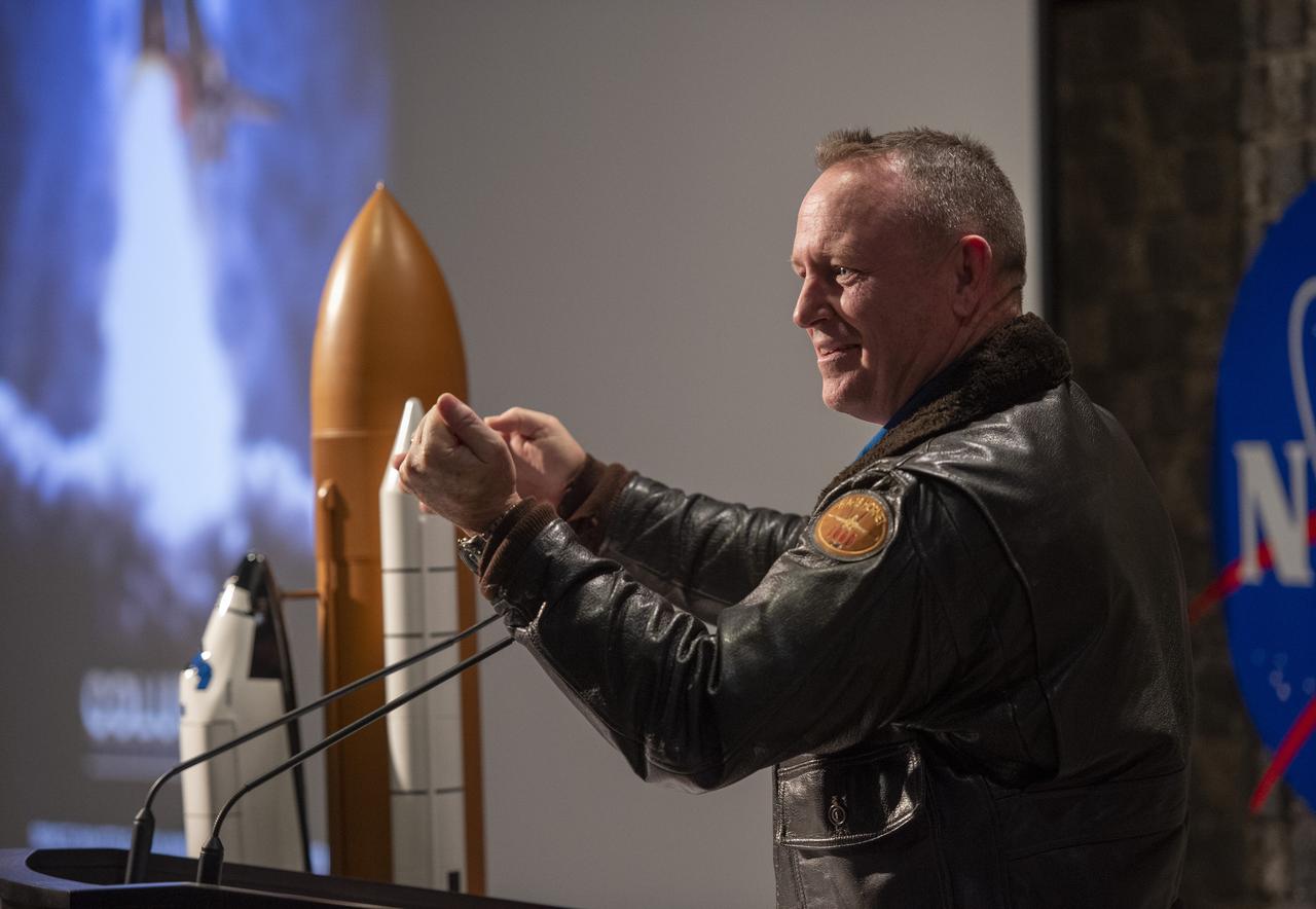 NASA astronaut Butch Wilmore delivers the keynote address at The Space Shuttle Columbia National Tour town hall Nov. 5 at Marshall.